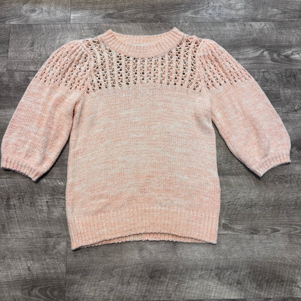 NWOT Joie Una Open Knit Crewneck Puff Sleeve Sweater Melon Womens Sz. S